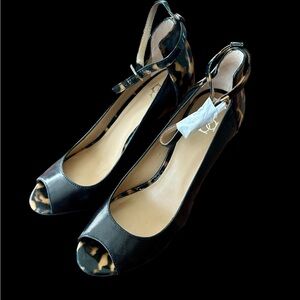 New Ann Taylor black leather and tortoise shell peep-toe pumps with ankle strap